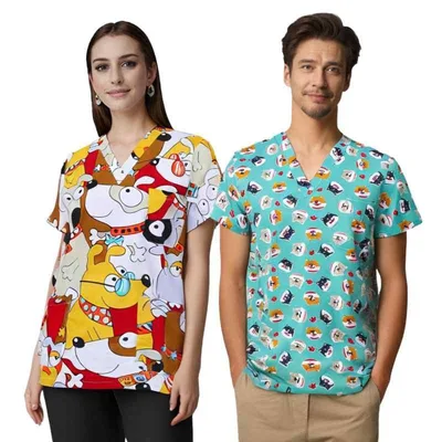 スクラブ レディース メンズ キャラクター柄 プリント Vネック 半袖 Tシャツ トップス 医療着 医療用白衣 制服 手術着 作業服 ワークウェア 吸湿速乾 快適 綿混