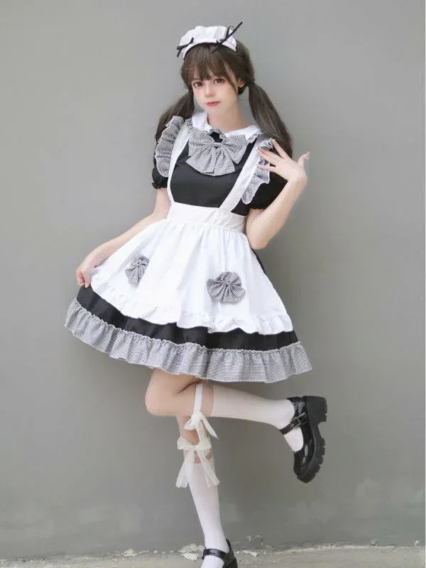 メイド服 レディース 女性用 4点セット かわいい プリンセスドレス 黒白チェック柄 リボン フリル レース ポリエステル製 コスプレ アニメ イベント ハロウィン 仮装 スウィート ガーリー