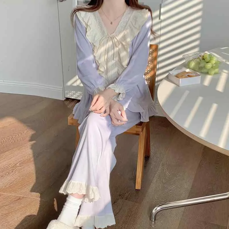 パジャマ レディース 女性用 秋冬 薄手 フリース 宮廷 プリンセス フレンチ レトロ フェミニン かわいい ルームウェア Vネック 長袖 ロングパンツ セットアップ 部屋着 カジュアル パープル