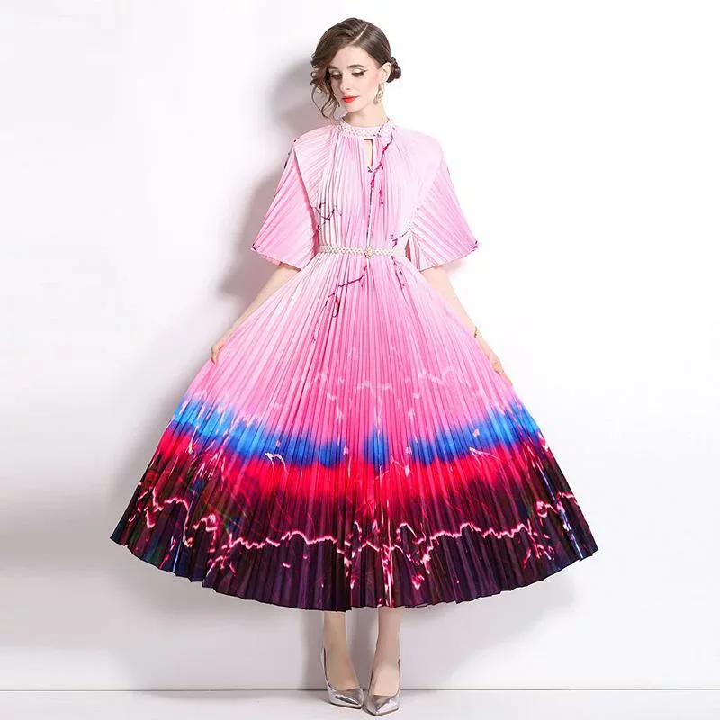 ワンピース レディース 春夏 カラフル花柄 プリーツ ロング丈 フレア Aライン リゾート ドレス ラウンドネック パフスリーブ 半袖