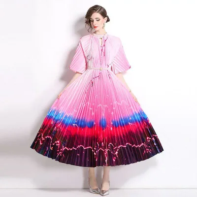 ワンピース レディース 春夏 カラフル花柄 プリーツ ロング丈 フレア Aライン リゾート ドレス ラウンドネック パフスリーブ 半袖