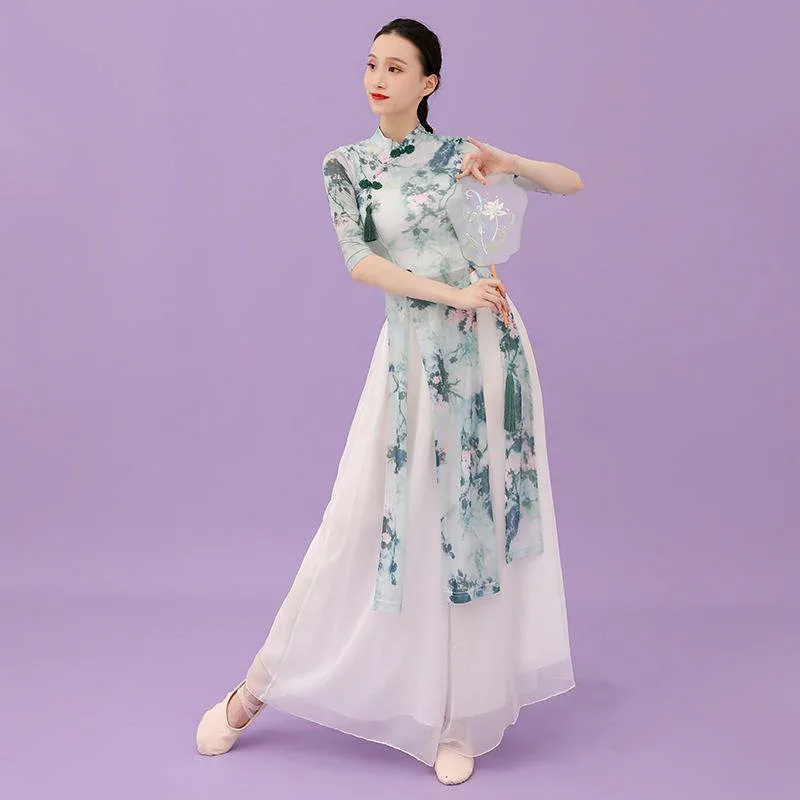 ダンスウェア レディース 春夏 スタンドカラー 立ち襟 フリンジ タッセル 水墨画風 チャイナドレス 舞踊服 優雅 エレガント 大柄花柄 ビッグフラワー クラシック オリエンタルダンス 民族舞踊 舞台衣装 発表会 イベント メッシュ Aライン