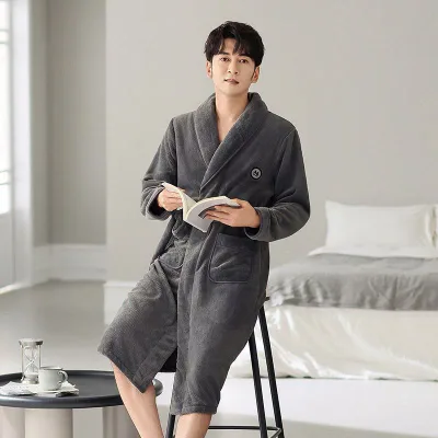 ルームウェア メンズ 男性用 秋冬 厚手 あったか フランネル サンゴフリース ポリエステル ロング丈 ガウン ローブ パジャマ バスローブ 襟付き 大きいサイズ ビッグサイズ 快適 部屋着 シンプル カジュアル