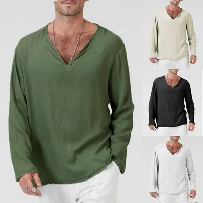 Tシャツ メンズ 男性用 長袖 Vネック 綿麻 ゆったり ルーズフィット 欧米風 エスニック 民族調 無地 ホワイト ブラック 夏秋 カジュアル 普段使い リゾート 通気性
