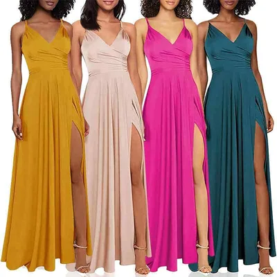 Dress, Women's Party Dress, Invitation, Wedding, After-Party, Reception, Bridesmaid, Camisole, Long Length, V-Neck, A-Line, High Waist, Open Back, Open Back, Slimming, Improves Style, Elegant, Adult, Plain, Polyester, Spring/Summer