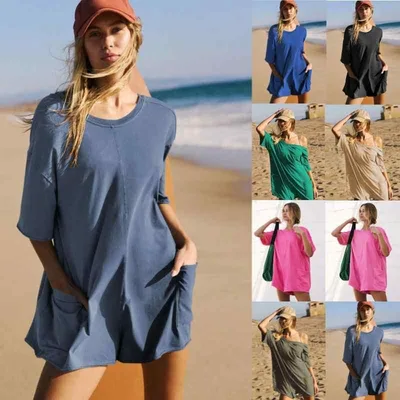 ロンパース レディース 女性用 春夏 半袖 Vネック バックオープン ショート丈 オールインワン サロペット ゆったり リラックス 快適 カジュアル 普段使い ポリエステル スパンデックス 伸縮性 速乾性