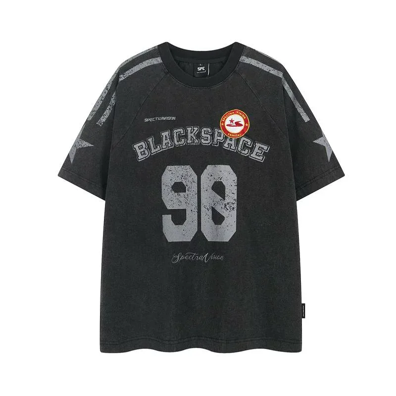 Tシャツ メンズ 夏 アメリカンスポーツ レトロ ヴィンテージ ストリート系 厚手 ウォッシュ加工 ヘビーウェイト オーバーサイズ ルーズフィット コットン トップス 半袖 プリント 黒 オレンジ