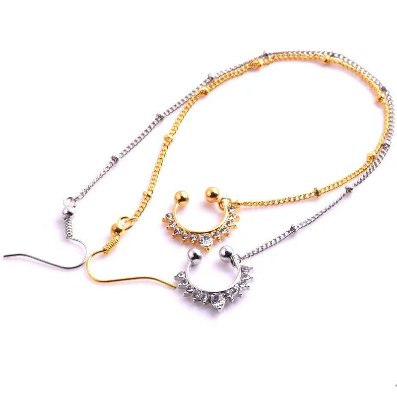 鼻ピアス ユニセックス U字 扇形 チェーン ジルコニア 合金製 ノーズリング ジュエリー アクセサリー シルバー ゴールド おしゃれ ファッション