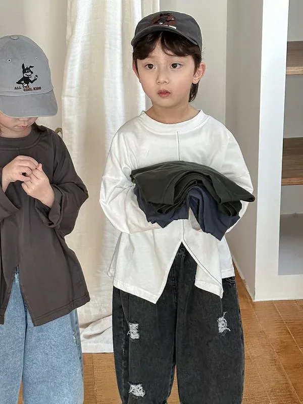 キッズ 男女兼用 長袖 Tシャツ 無地 トップス 綿 コットン シンプル 裾スリット クルーネック やわらか 肌触り良い 春秋 普段使い カジュアル