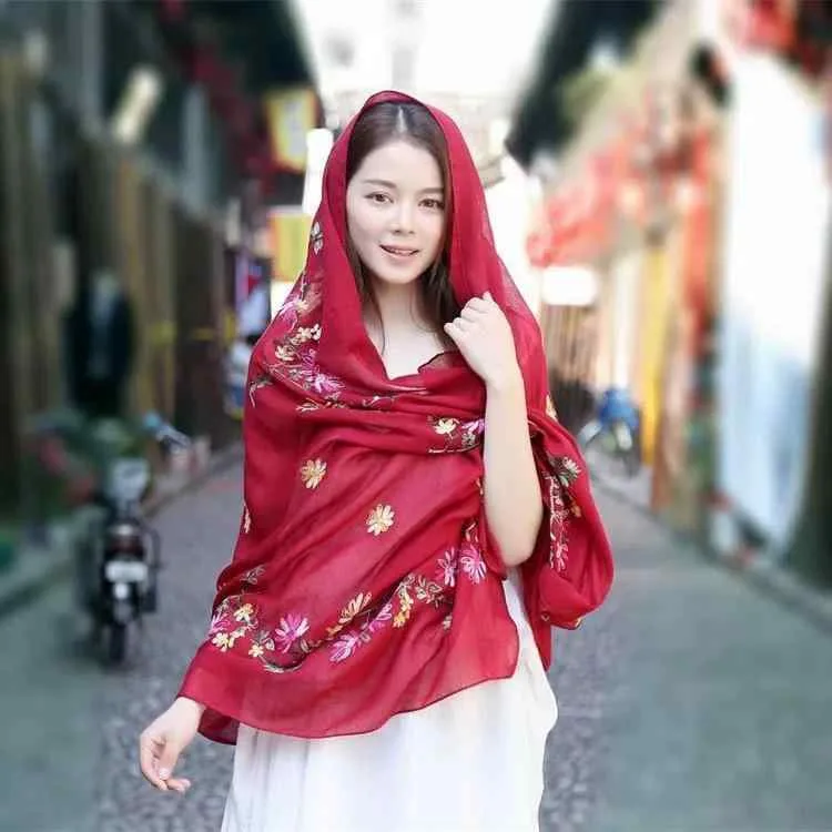 ストール レディース 大判 薄手 綿麻 ポリエステル 刺繍 花柄 民族風 ショール UVカット 旅行 ビーチ 春夏