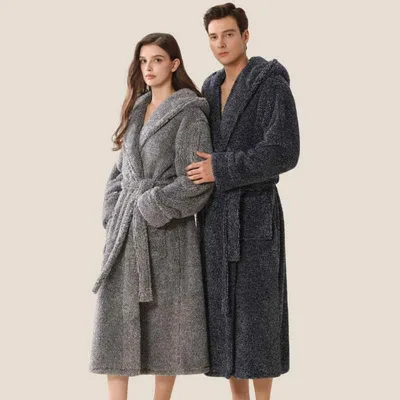 バスローブ 男女兼用 カップル ペア ルームウェア 部屋着 ガウン ナイトガウン ポリエステル素材 保温 厚手 あったか 快適 リラックス シンプル カジュアル ロング丈 長袖 Vネック 秋冬