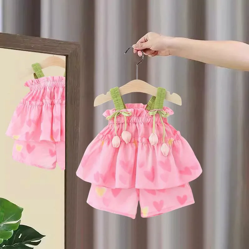 キッズ 女の子 セットアップ ツーピース チューリップ バルーンシルエット キャミソールワンピース プリンセスドレス 半袖 無地 おしゃれ かわいい スウィート 韓国風 コットン 普段着 お出かけ 春夏