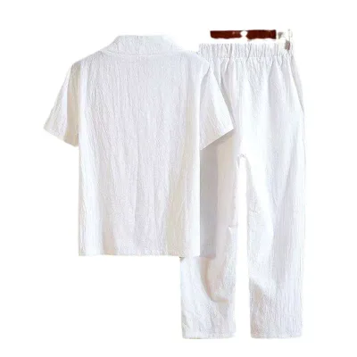 カジュアルセットアップ メンズ 夏 綿麻 Tシャツ 五分袖 ゆったり クロップドパンツ 長ズボン 大きいサイズ チャイナ風 唐装 漢服 ベーシック 普段使い ホワイト ブラック