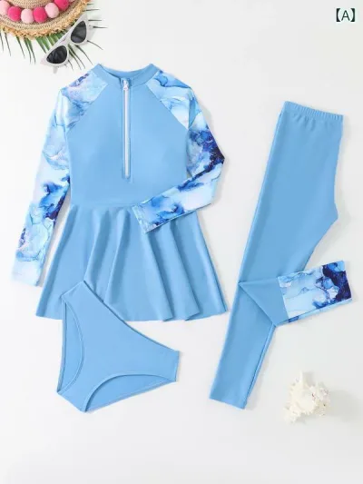 Swimsuit Kids Girls Separate Rash Guard Long Sleeve Long Pants 3 Piece Set School Children Swimwear Blue