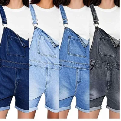サロペット デニムパンツ レディース オールインワン ショートパンツ ダメージ加工 ストレッチ ゆったり 大きいサイズ オーバーオール カジュアル レトロ ノースリーブ 無地 ライトブルー グレー ブルー ダークブルー