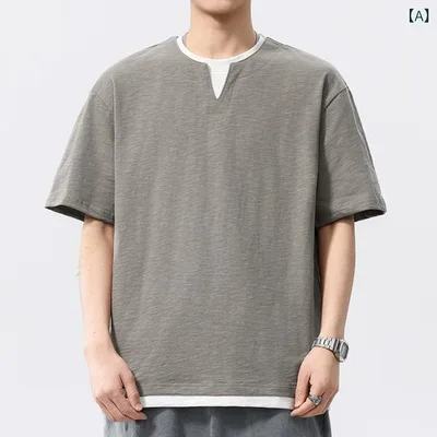 Tシャツ メンズ 春夏 コットン スラブ天竺 半袖 丸首 レイヤード風 切り替え プルオーバー 無地 ゆったり トップス カジュアル ルーズフィット 吸湿速乾