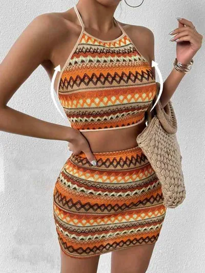 การตั้งค่าผู้หญิงถักเสื้อกั๊กกระโปรงแน่น 2 ชิ้นชุดมินิกระโปรงMulticolor Retro Border Casual Street