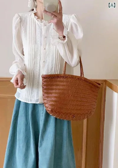 トートバッグ レディース かごバッグ 手編み フェイクレザー 肩掛け 軽量 大容量 自立 底板付き 巾着型 クラシック 普段使い レトロ 茶