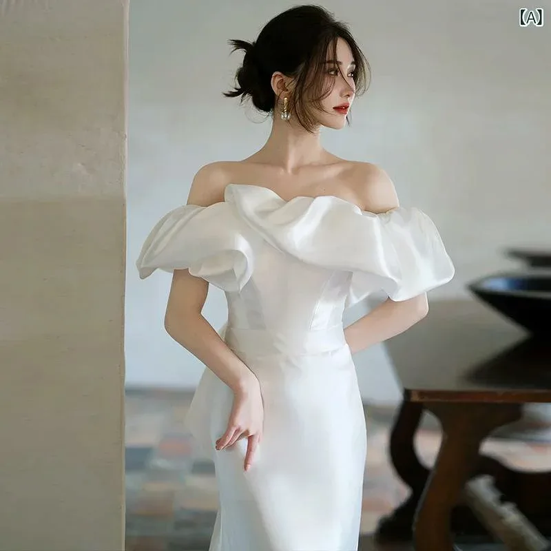 ウェディングドレス レディース ロング丈 オフショルダー サテン Aライン フィッシュテール セレモニー 結婚式 二次会 前撮り 花嫁 ドレス ホワイト