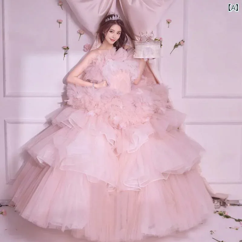 ウェディングドレス レディース 春夏 ピンク チューブトップ ロング丈 トレーン 編み上げ レース シフォン Aライン エレガント 写真撮影用 前撮り フォトウェディング 発表会 衣装 パーティードレス