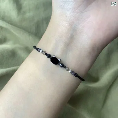 ブレスレット ペア レディース メンズ ハンドメイド 黒猫 貝殻 ビーズ 編み込み コードブレスレット かわいい カップル お揃い ギフト