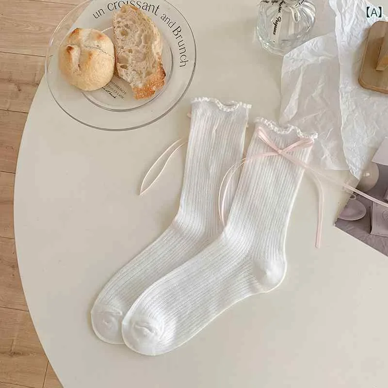 靴下 レディース 春夏 中筒 ソックス JK風 リボン レース 花柄 かわいい 薄手 通気性 柔らかい 蒸れない カジュアル 快適