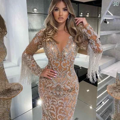 Women's Long Dress, Long Sleeve, Mermaid Line, Fringe, Lamé, Glitter, Elegant, Sexy, Maxi Length, Tight, Formal, Party Dress, Invitation, Concert, After-Party, Thank-you Party, Large Size, Cabaret