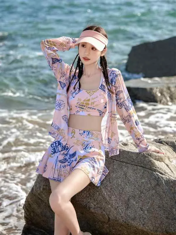 水着 レディース 体型カバー 長袖 ラッシュガード付き 3点セット 紫外線対策 日焼け防止 ぽっちゃり ビスチェ ビキニ セパレート 露出控えめ オレンジ
