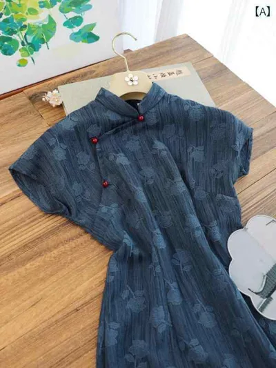 チャイナドレス レディース ロング丈 半袖 春夏 立ち襟 斜め襟 ポリエステル 低スリット 紺 ジャガード レトロ 上品 エレガント