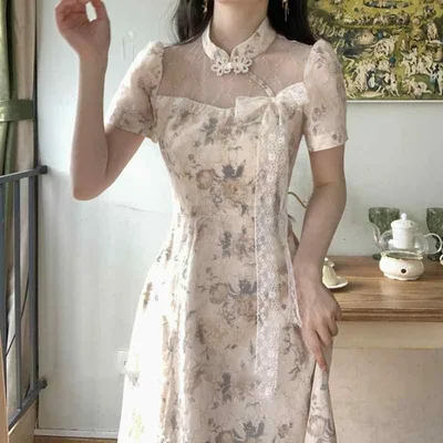 ワンピース レディース チャイナドレス ロング丈 ノースリーブ チャイナ風 レース プリント シフォン 春夏 スリム 細見え 通勤 上品 花柄