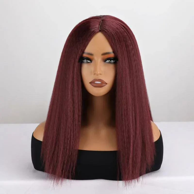 ウィッグ レディース ロング ストレート 自然 ボリューム YAKIスタイル フルウィッグ 耐熱 センター分け かつら ワインレッド 普段使い コスプレ
