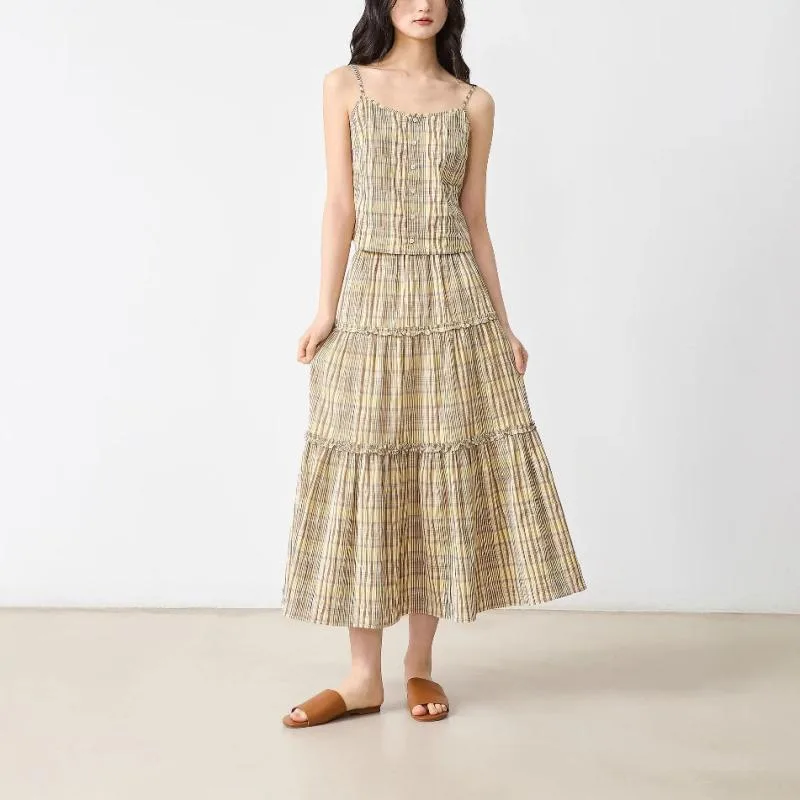 セットアップ レディース カジュアル 春夏 接触冷感 コットン混 格子柄 ノースリーブ キャミソール ミモレ丈 フレアスカート 2点セット 通勤 通学 おしゃれ チェック柄