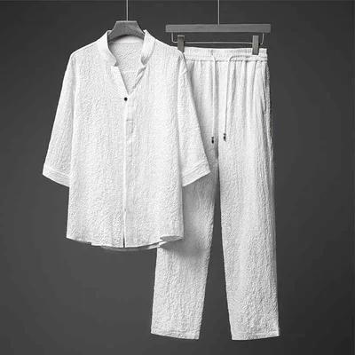 セットアップ メンズ カジュアル チャイナ風 五分袖 Tシャツ ロングパンツ 2点セット コットン混 接触冷感 ゆったり 大きいサイズ 無地 Vネック ルームウェア 部屋着 涼しい 春夏