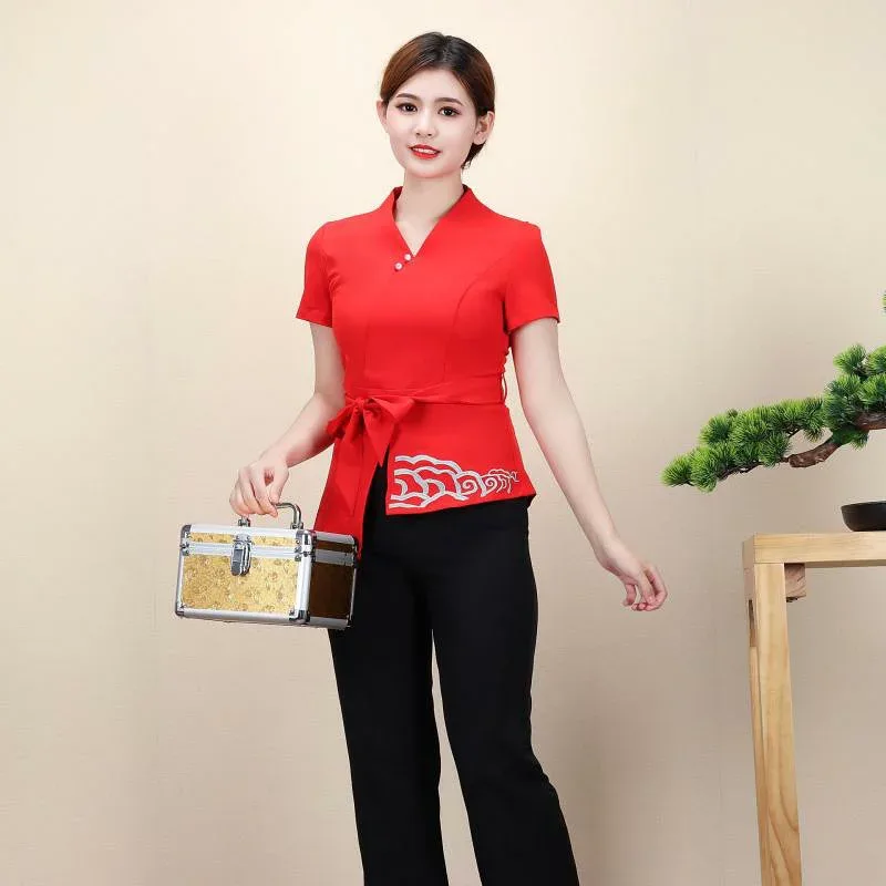 セットアップ レディース 制服 作業服 高級感 中華風 静電気防止 サロン エステ リラクゼーション マッサージ スパ 美容 茶道 通年