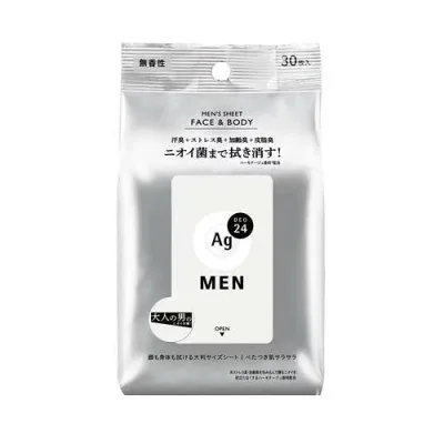 【※エントリーでP5倍※】 エージー24メン メンズシート フェイス&ボディ 無香性 (30枚入) 男性用 メンズ 顔 体 汗臭 加齢臭 全身 べたつき ニオイ 汗拭き 大判サイズ