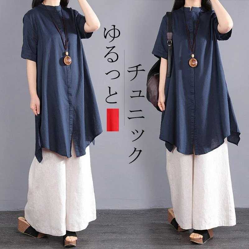 チュニック トップス シャツ tシャツ ロング レディース 半袖 夏 無地 大きいサイズ ワンピース 40代 ゆったり 体型カバー 綿麻 50代 部屋着 着痩せ