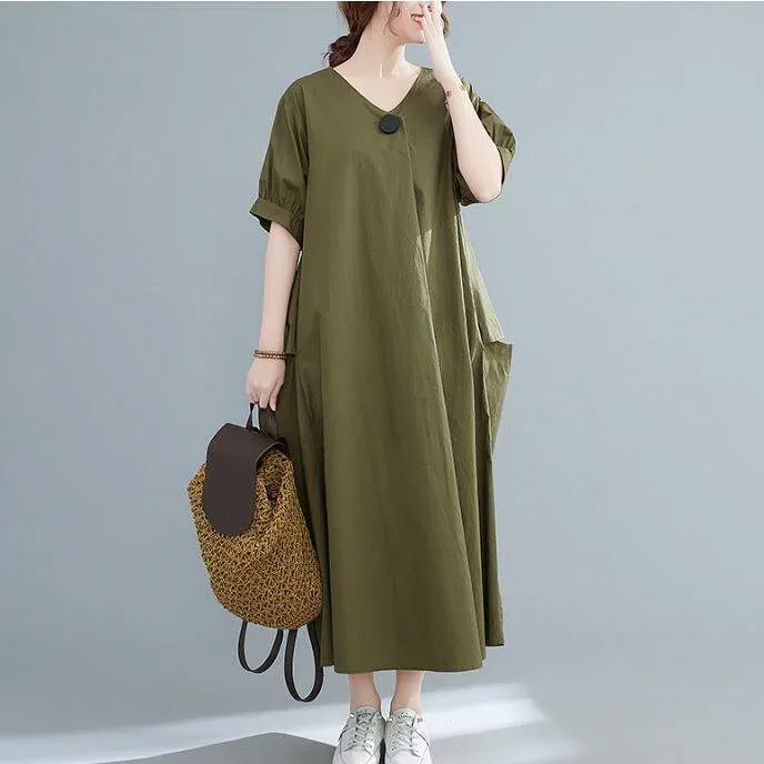 シャツワンピース ロング丈 半袖 Vネック ストレート ビッグシルエット かわいい 大人可愛い ポケット きれいめ シンプル カジュアル 大人 おしゃれ かっこいい レトロ 大人女子 こなれ感 ラフ スポーティー 存在感 抜け感 無地 シャツワンピース 春 夏 秋 緑 黒 送料無料