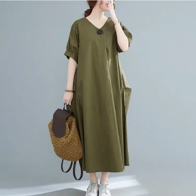 シャツワンピース ロング丈 半袖 Vネック ストレート ビッグシルエット かわいい 大人可愛い ポケット きれいめ シンプル カジュアル 大人 おしゃれ かっこいい レトロ 大人女子 こなれ感 ラフ スポーティー 存在感 抜け感 無地 シャツワンピース 春 夏 秋 緑 黒 送料無料