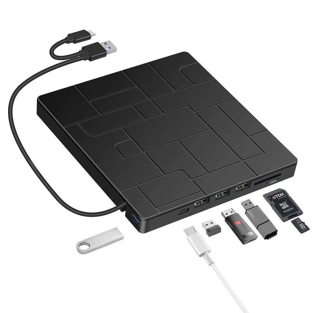 External DVD Drive USB 3.0 Type-C DVD Player with 4 USB Ports and SD Card Reader for Laptop Portable Disk Drive CD ROM Writer Burner Laptop Desktop PC Windows MacBook