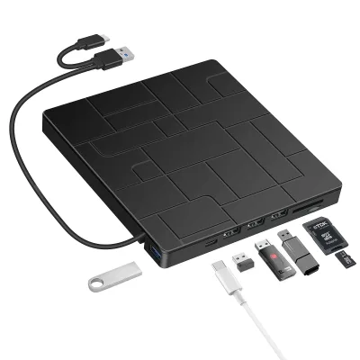 外付けDVDドライブ USB 3.0 Type-C DVDプレーヤー USBポート4つとSDカードリーダー付き ノートパソコン用 ポータブルディスクドライブ CD ROMライターバーナー ノートパソコン デスクトップ PC Windows MacBook