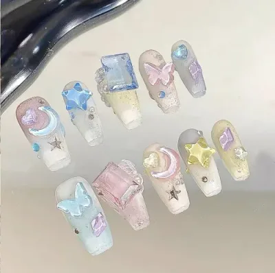 ネイルチップ 3D ロング 青 赤 ピンク 黒 人気 韓国 夏 青 春秋冬 ショート 付け爪 可愛い つけ爪 人気 3D おしゃれ 入学式 卒業式 成人式 結婚式 地雷系ラインストーンキャッツアイ 10枚入