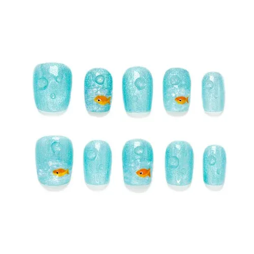 Kokowomite Nails 手作りネイルチップ ショート スクオーバル 水色 オレンジ 大海 小魚 泡 可愛い韓国 ins 涼しい感じの付け爪 人気3Dデザイン 収納ボックス付き 10枚入
