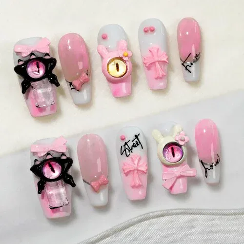 Sun&Beam Nails 手作り ネイルチップ ミディアム ロング コフィン バレリーナ ピンク つけ爪 Y2K 3D サマー デザイン 付け爪 10枚入 (#271 L)