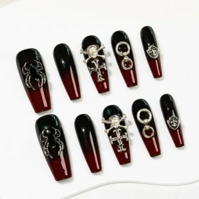 Sun&Beam Nails 手作り ネイルチップ ロング コフィン バレリーナ ブラック グレー つけ爪 ニュアンス ハロウィン デザイン 付け爪 10枚入 (#275 S)