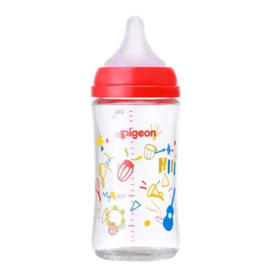PIGEON ピジョン 母乳実感 哺乳びん 240ml 3ヵ月頃~ 早く冷める耐熱ガラス製 Music ミュージック キズがつきにくく衛生的 赤