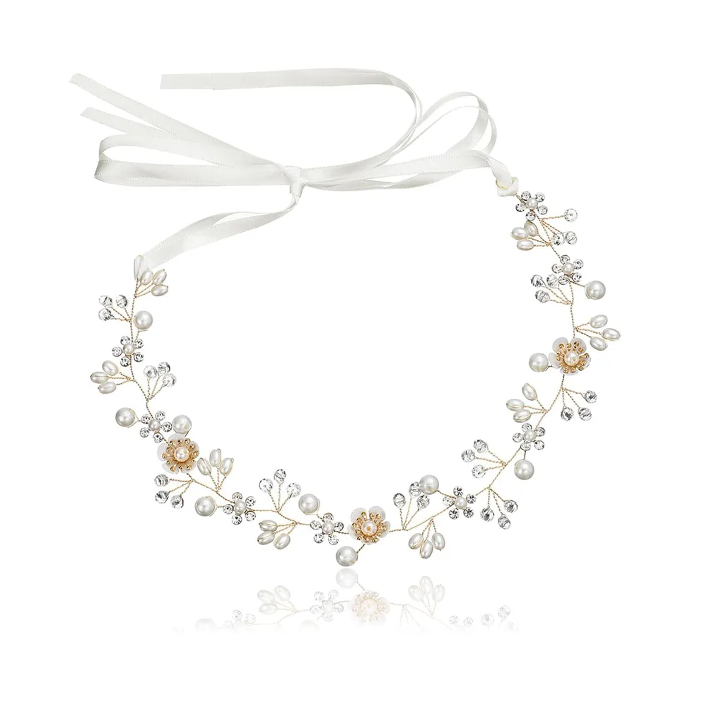 髪飾り 花 クリスタルビーズ パール 花かんむり リボン ヘッドドレス ヘアアクセサリー 結婚式 発表会 披露宴 卒業式 (A、ゴールド)