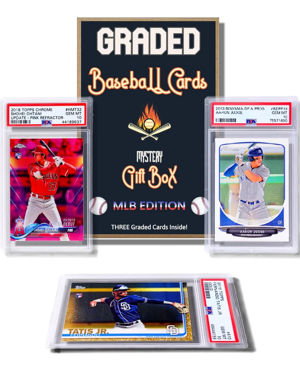 3つの等級付き野球カードギフトボックス:MLBエディション│プレミアムPSA/BGSグレード10、9.5、9枚のカード3枚│潜在的な新人サイン&番号付きRC屈折器│野球ファンへのギフト│Slabs of Heat製。