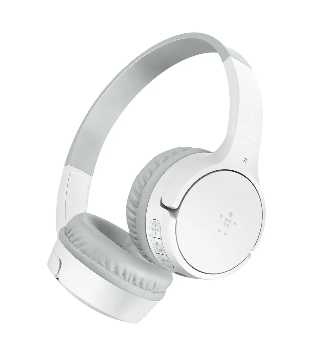 Belkin 子供用 ワイヤレスヘッドフォン SOUNDFORM Mini Bluetooth 音量制限85dB マイク付き ホワイト | 最大30時間再生 3歳以上推奨 3.5mm有線接続対応 USB-C充電 防水対応 サイズ調整可能 ゲーム・オンライン学習・動画視聴に最適 デコレーションシール付属 2年保証