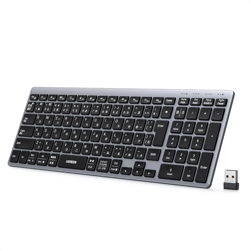 UGREEN ワイヤレスキーボード Bluetooth&2.4G 無線 フルキーボード テンキー付 USB-C充電式 薄型 | JIS 日本語配列 最大3台マルチペアリング対応 IOS/Android/Windows/Mac OS対応