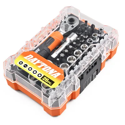 デイトナ(Daytona) バイク 工具セット コンパクト ラチェットハンドル エクステンションバー付 1/4インチソケット対応 六角ソケット&各種ビット ミニツールセット 26ピース 61370